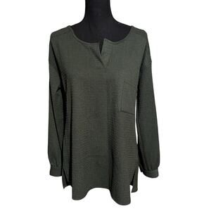 Bali Dark Green Long Sleeve Textured Career Blouse Top Women's M Medium